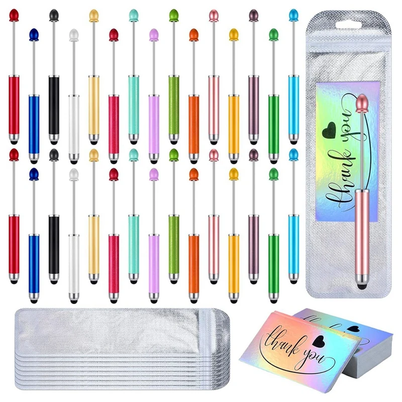 

90 Pcs Beadable Pens Kit Include 30 Pcs 2 In 1 Plastic Stylus Beadable Pens 30 Pcs Foil Thank You Cards With 30 Pcs Bag