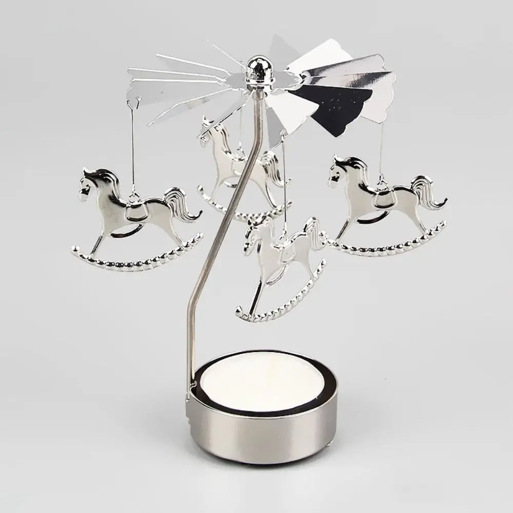 Metal Metal Rotating Tea Light Holder Gold Silver Hollow Christmas Rotating Candle Holder Angel Carousel Pattern