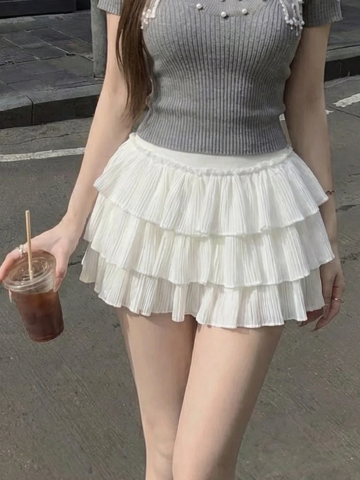 High Waist Lace Trim White Cake Style Half Skirt Women's plus Size Autumn Short Puffy Skirt Slimming Blouse Korean Style