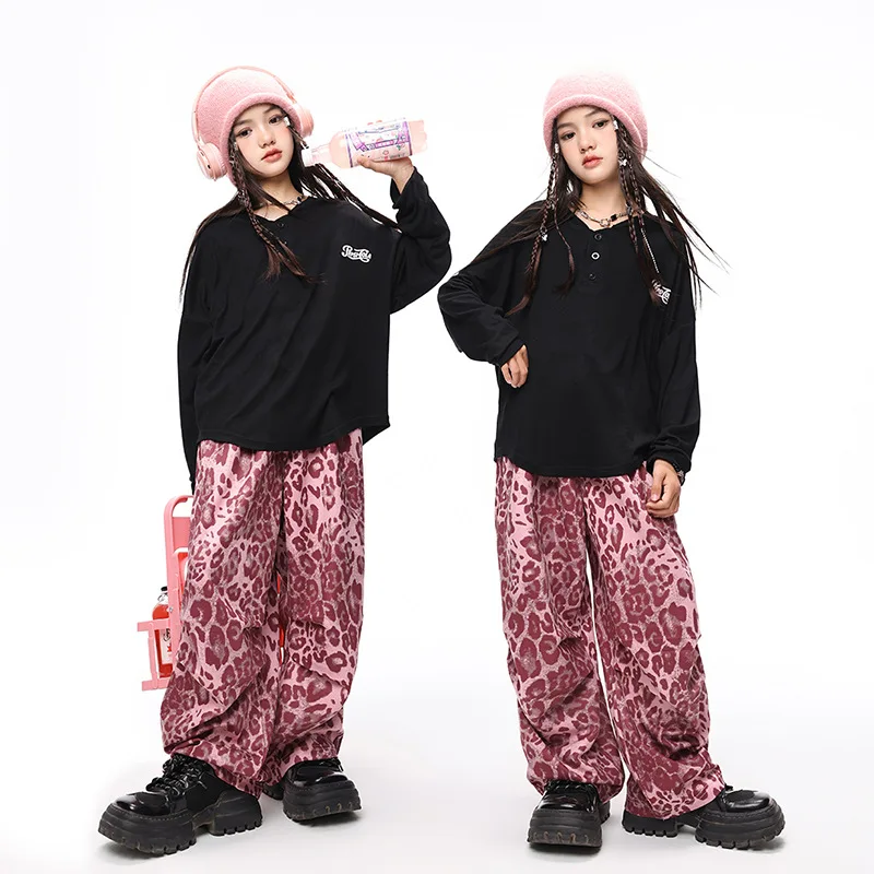 

Kid Kpop Hip Hop Clothing Black Loose Blouse Top Pink Leopard Casual Wide Pleat Pants for Girls Jazz Dance Costumes Wear Clothes