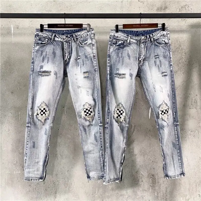 High Quality Trendy Brand Retro Checkerboard Pants High Street Washed Ripped Jeans Men's Slim Small Feet Thin Patch Beggar Pants