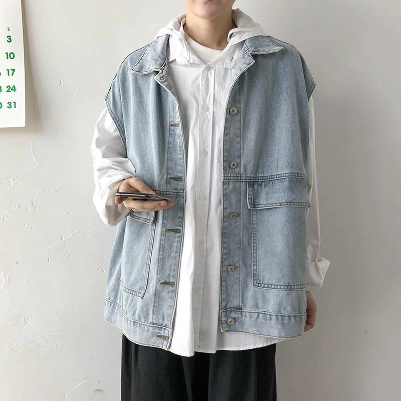 

Men's Plus Size Loose Workwear Style Denim Vest No Sleeve Wide Shoulder Autumn Retro Street Fashion Outerwear for Big Tall Men