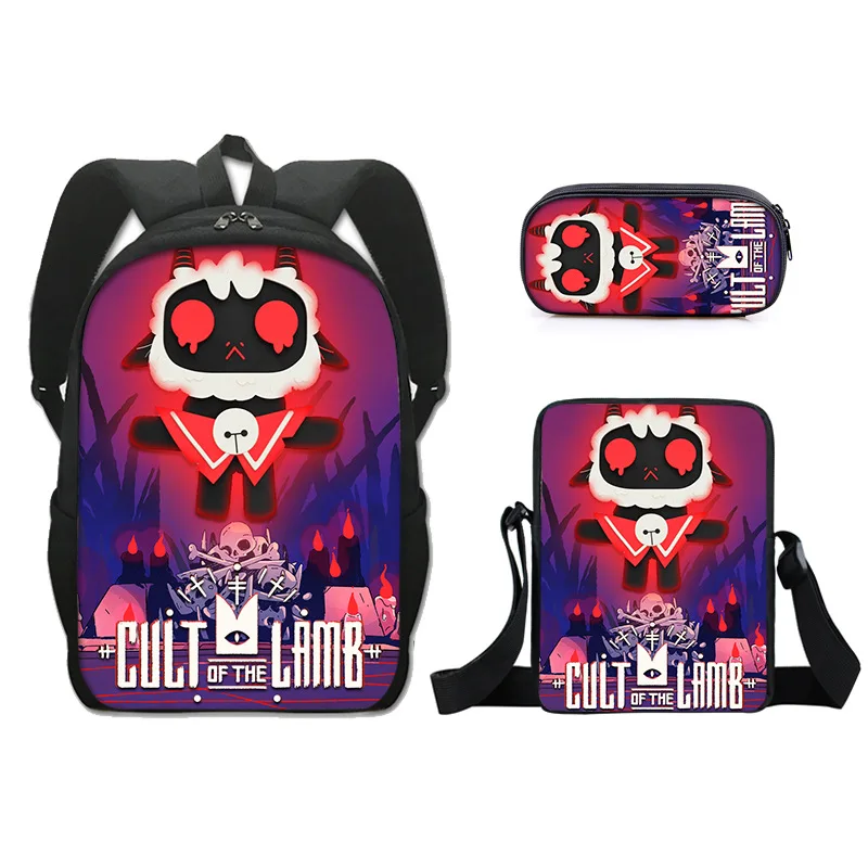 Classic Novelty cult of the lamb 3D Print 3pcs/Set pupil School Bags Laptop Daypack Backpack Inclined shoulder bag Pencil Case