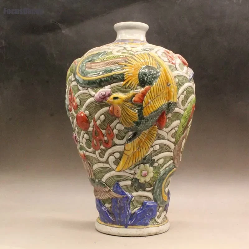 Phoenix Bird Engraved Vase Carving Bottle Antique Ceramic Vase Pottery Vase Flowers China Porcelain Old Manor Castle Decor