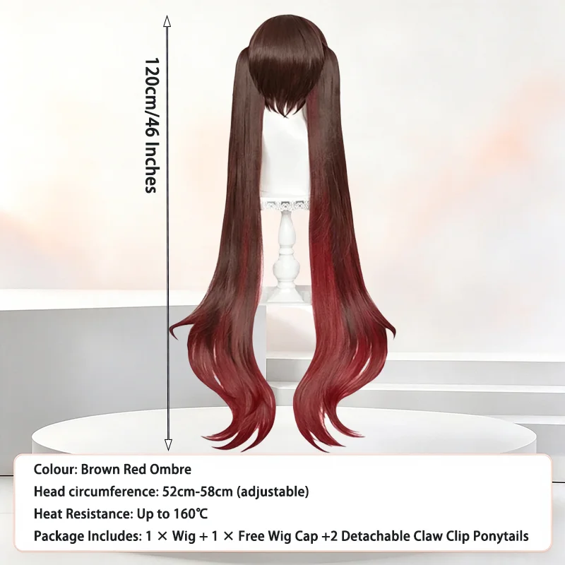 Hu Tao Cosplay Wig Brown Red Gradient Twin Tails Detachable Clip Heat Resistant Synthetic Anime Wig For Halloween Carnival Party