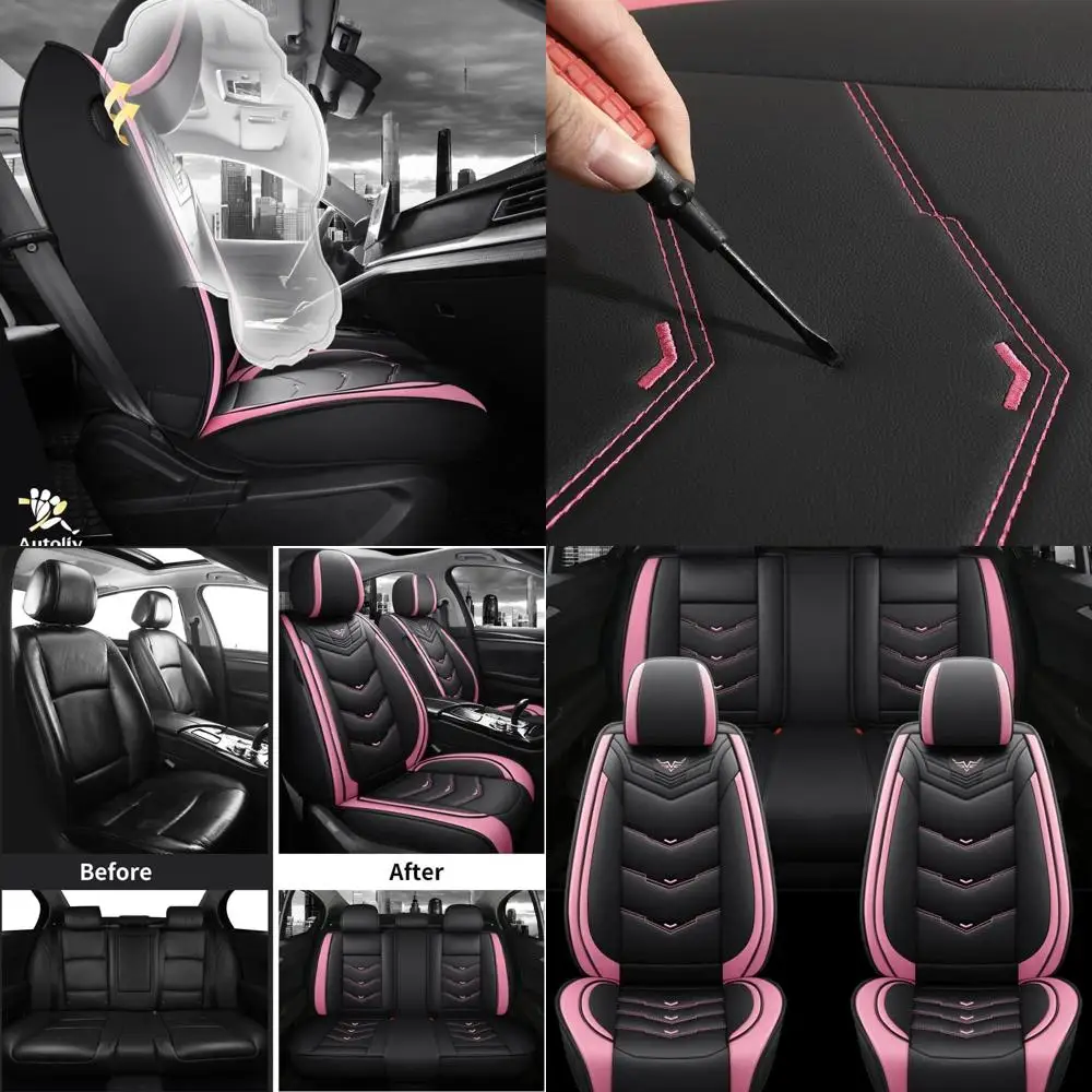 

BGYFOU Модный дышащий кожаный чехол на автомобильное сиденье из искусственной кожи, 5-местный, универсальный (черный и розовый)