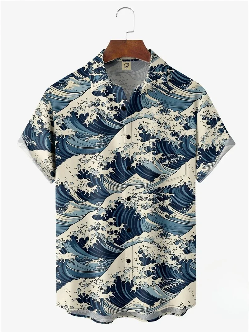 New Hawaiian Shirts for Mens Short Sleeve Tops Japanese Style 3D Print Ukiyoe Wave Graphic Clothes Summer Streetwear Male Shirts