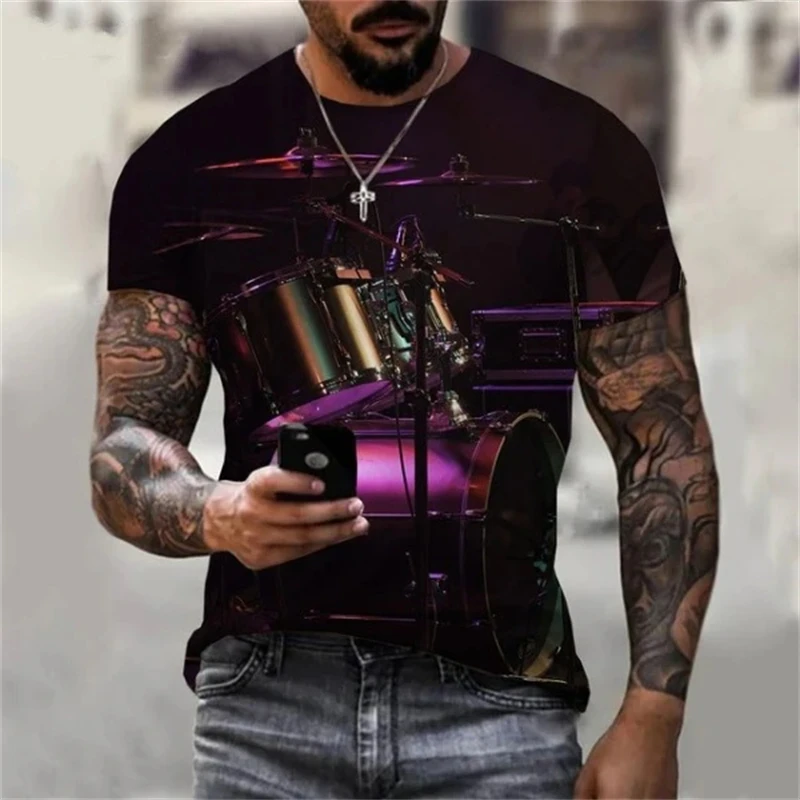 New Fashion Men T Shirt Jazz Music Drum Set Graphic 3D Printed T Shirt Tops Funny DJ Rock Short Sleeve Crew Neck Women Kids Tee