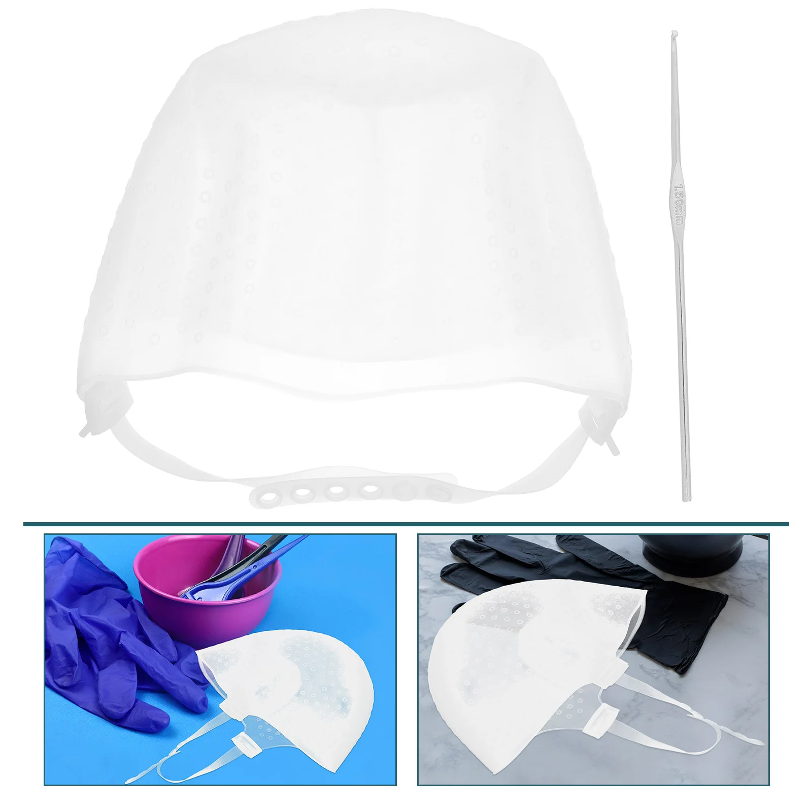 

Reusable Silicone Highlight Hair Cap Punched Hole Hair Dyeing Tools Hook Design for Salon Home Use Punched Hole Highlight Cap
