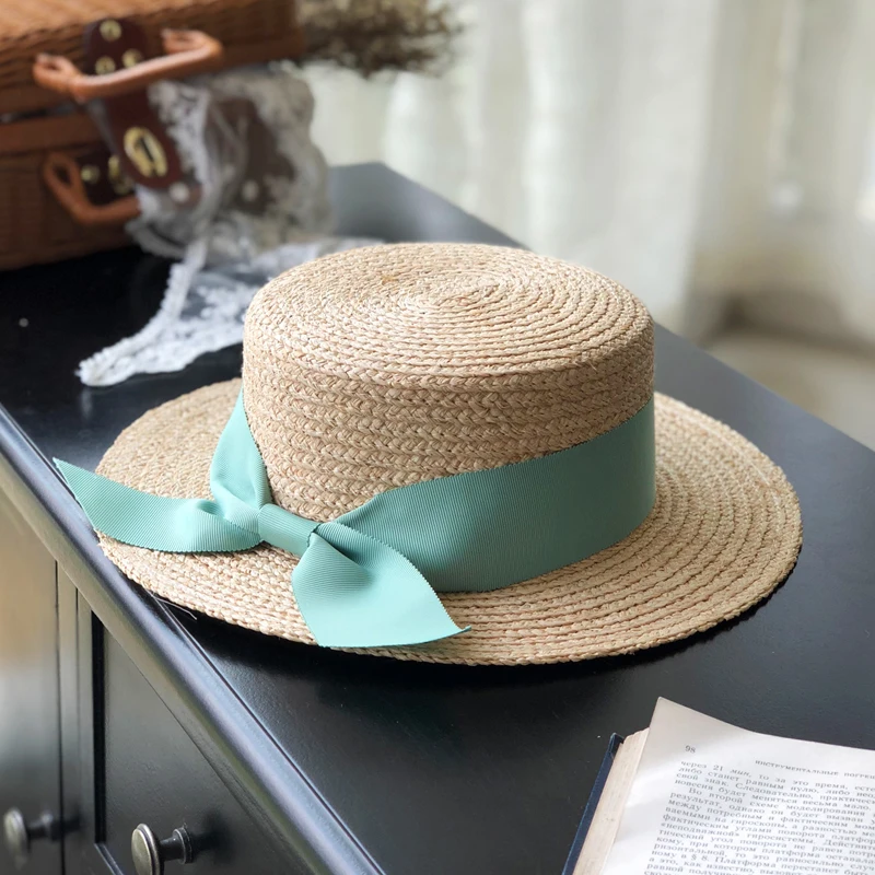 Luna&Dolphin Women Summer French Lace Raffia Straw Hat Green Pink Ribbon Cap Temperament Flat Hepburn Big Eaves Sunhat Vacation