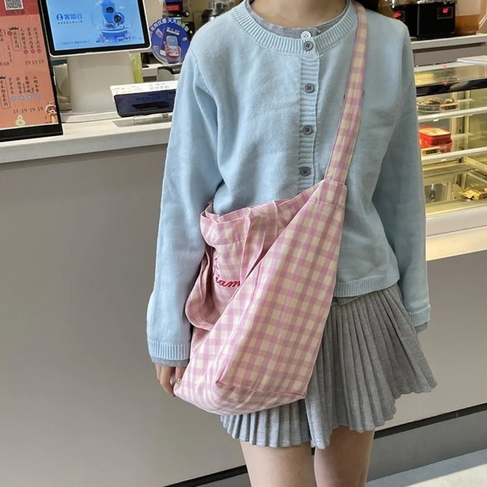 رسالة بسيطة منقوشة حقيبة كتف لون الحلوى الكورية نمط قماش حمل حقيبة محفظة حقيبة يد سعة كبيرة حقيبة كروسبودي المرأة #3