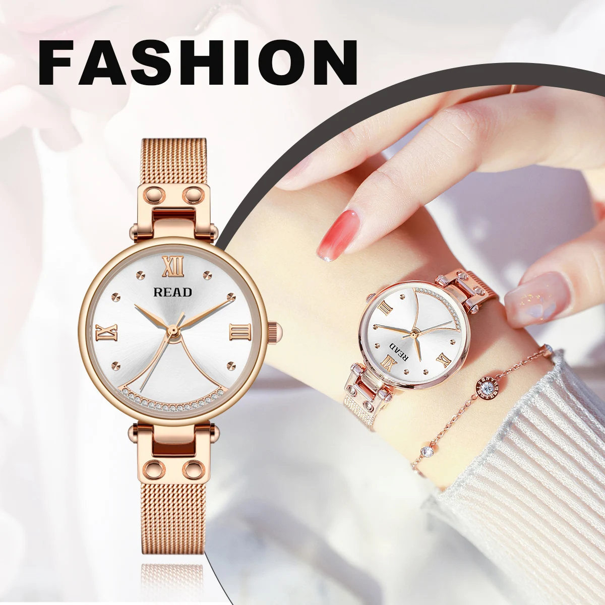 READ Ladies Analog Wristwatch | Sunburst Dial With Rhinestone Deco | Stainless Steel Mesh Strap | Daily Waterproof Dress Watch