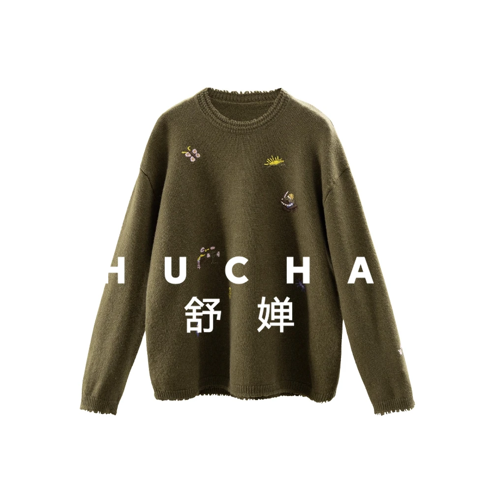 

100 wool beads embroidered lace crew neck sweater women 92E3