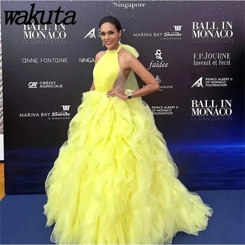 Wakuta Sweet Lemon Yellow Prom Robe Handmade Tulle Multi-layer Evening Gown Sexy Backless Corset Formal Occasion Party Dresses