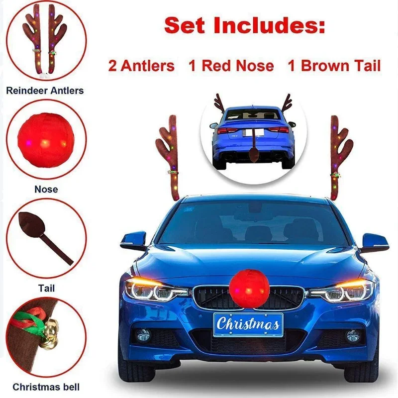 LED Glowing Antlers Christmas Car Decoration Accessories Car Truck Costume Reindeer Deer Antlers for Truck SUV Elk Vehicle Decor