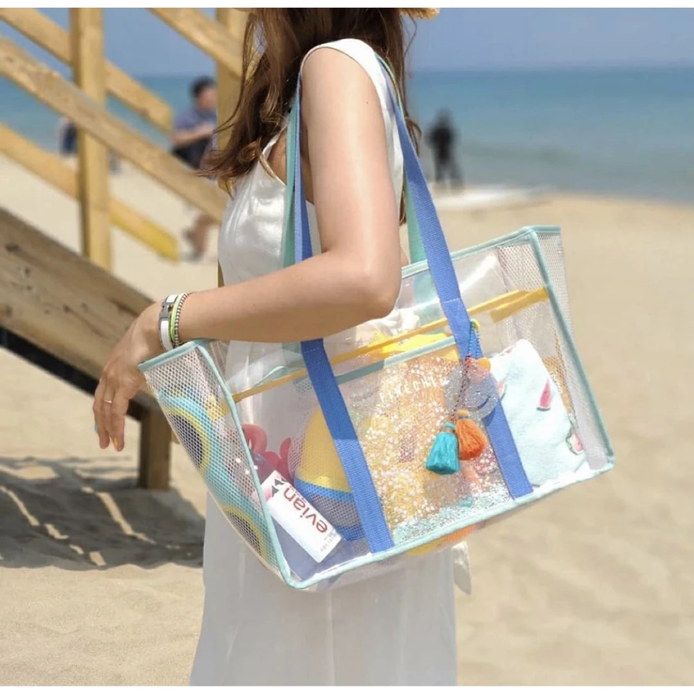 

Transparent Beach Bag Women Shoulder Portable Travel Fitness Swimming Bag Waterproof Contrast Color Tote Beach Bags