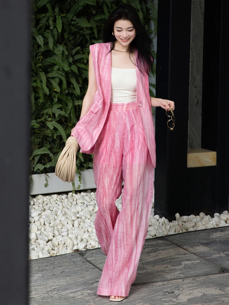 Zeroyk Women's Linen Set Loose Feel Wide Leg Pants And Vest Two Piece Set Vintage Style Gradient Color Design Summer Fashion