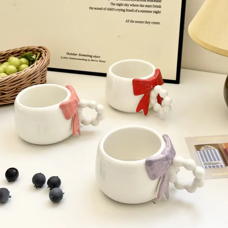 1 Pcs Breakfast Milk Coffee Drink Glass Super Cute Ceramic Mug With Pearl Ring Handle Bow Pattern Kawaii Birthday Gift For Girls