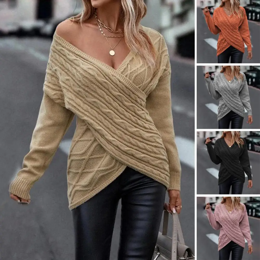 

Trendy Women Knitwear Jacquard Washable Ladies Sweater Pure Color Twist Pattern Knitwear