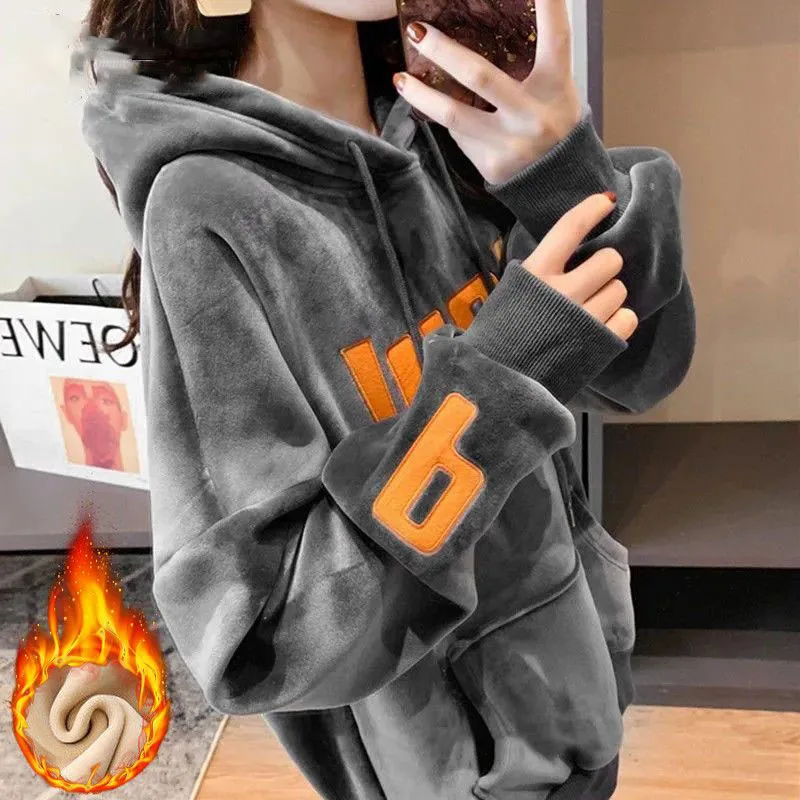 

2023 New Autumn Winter Fashion Women Hoodies Double Side Velvet Hooded Long Sleeve Hoodies Loose Plush Thick Warm Korean Hoodies