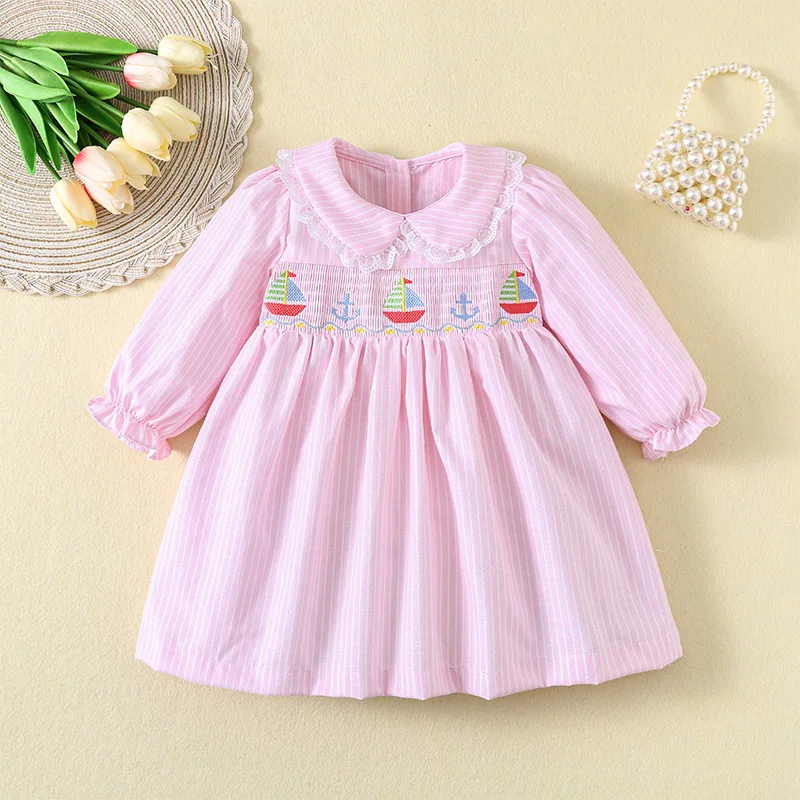 2025 Spring Autumn Girls New Smocked Long Sleeves Dress Cartoon Boat Embroidered Children Dress Pink Striped Lace Princess Frock