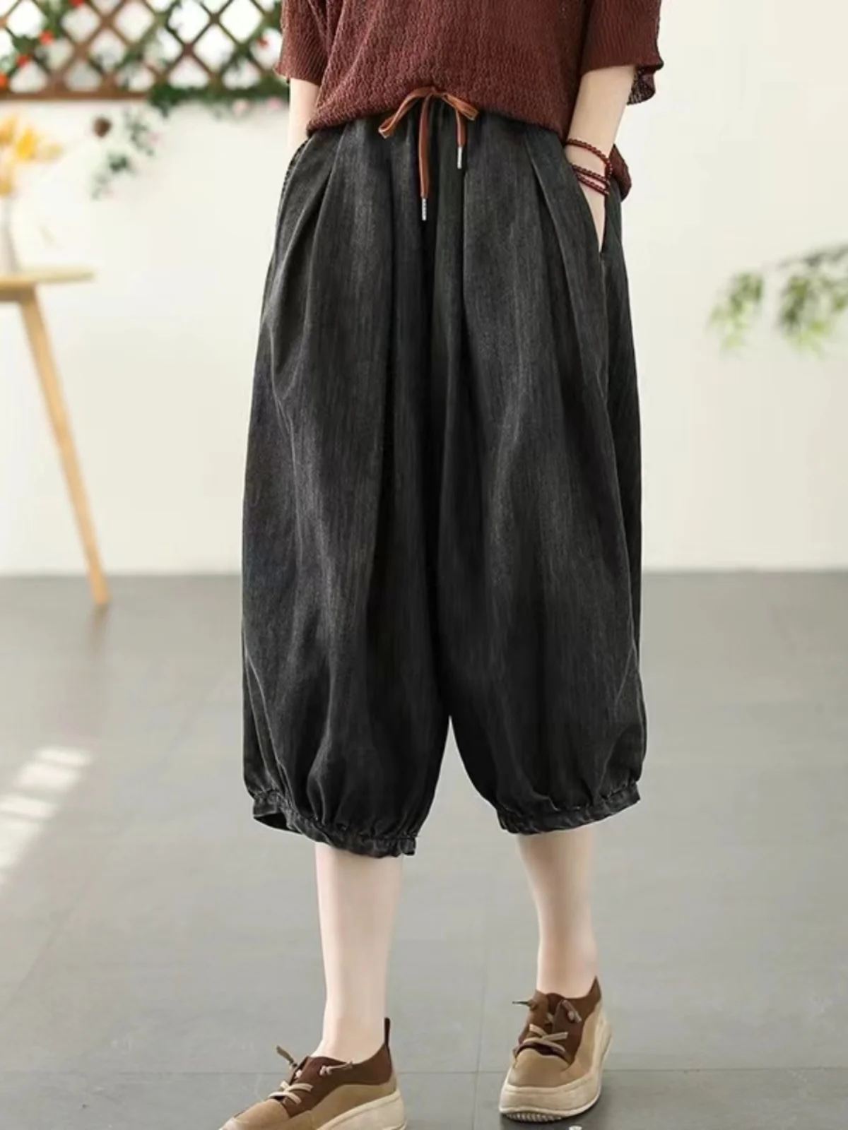 Retro spodnie jeansowe z pełnej bawełny, ultra miękkie, damskie, letnie, plus size, wyszczuplające spodnie typu latarnia, luźne, uniwersalne spodnie o długości siedmiu stopni.