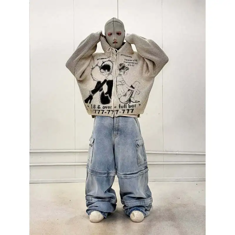 

American retro high street knit printed autumn and winter zipper cardigan hooded trendy jacket sweater