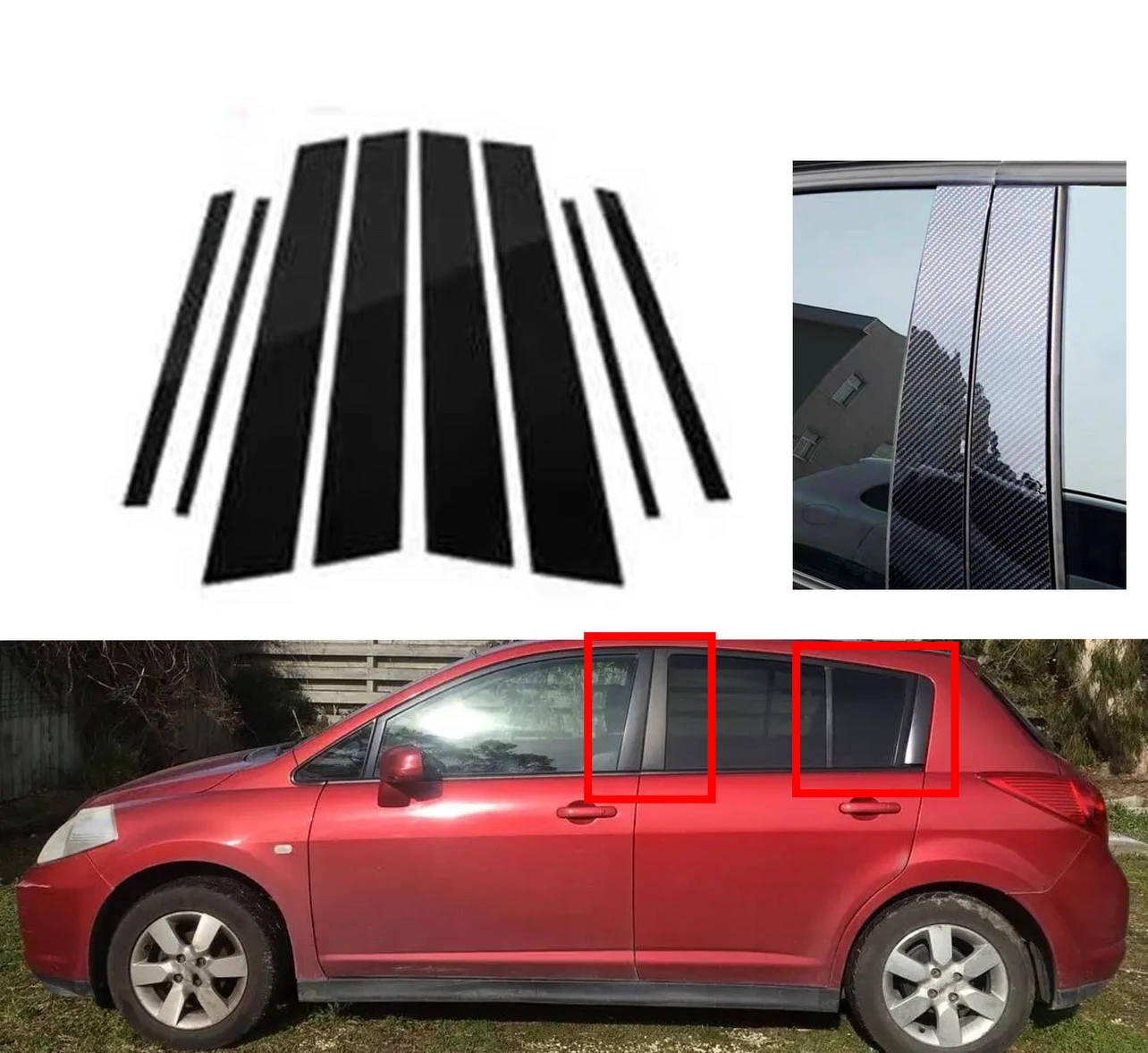 8pcs Silvery Carbon Glossy Black Pillar Posts For Nissan Tiida 5Door Hatchback 2005 2006 2007 2008 2009 2010 Sticker Cover Trim