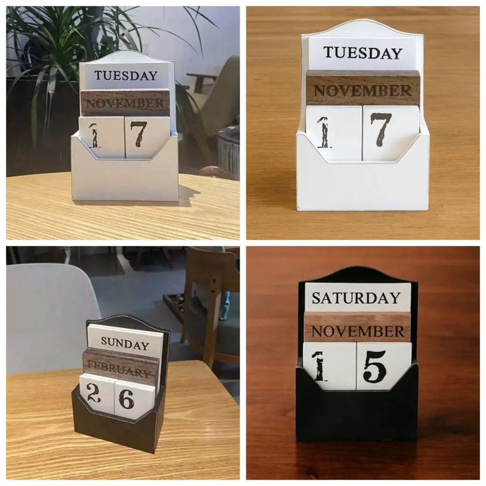 Calendario perpetuo de madera estético, decoración reutilizable para el hogar, calendario de escritorio, adorno, indicador de fecha en blanco y negro, regalos