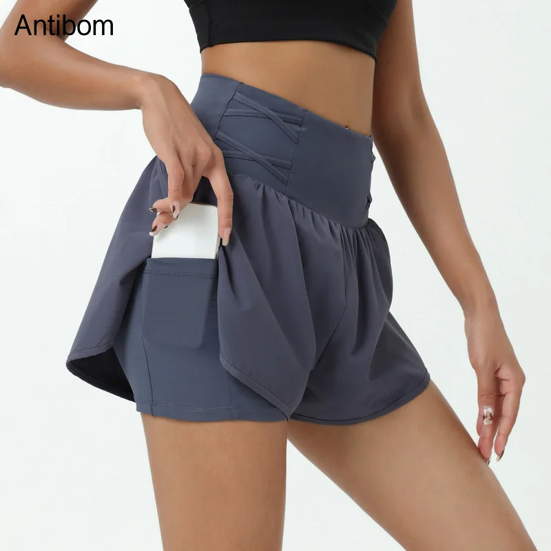 

Antibom 2 in 1 Sports Shorts Women's Jogging Breathable Yoga Shorts with Pocket High Waist Fitness Gym Wear Loose Athleticwear