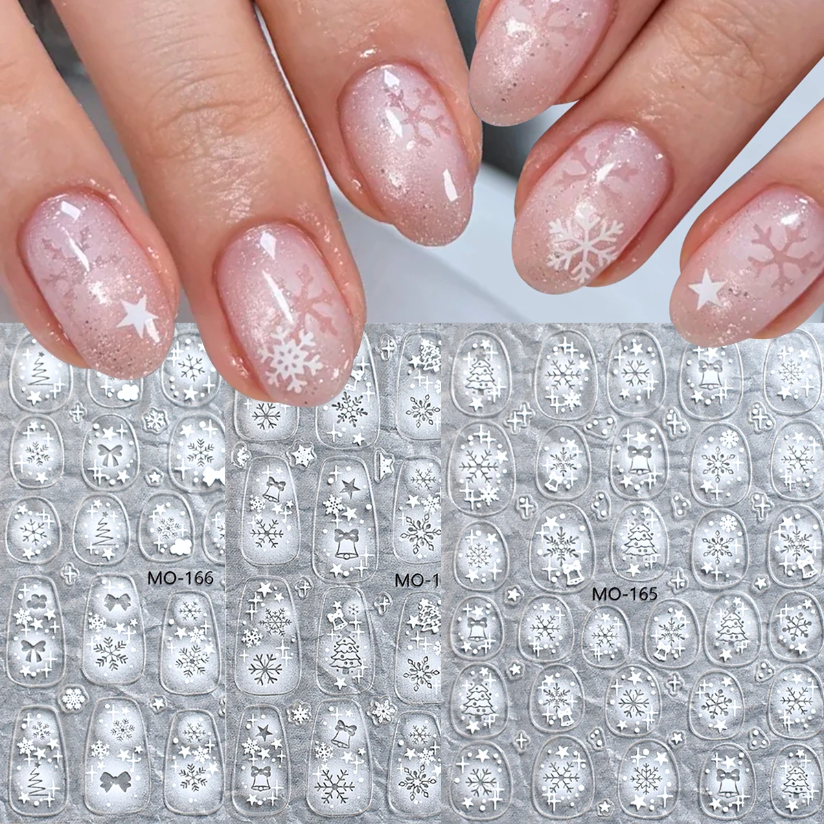 New Winter Self-Adhesive Nail Stickers: Cut-out Snowflake Relief Designs featuring Christmas Stars, Bells, Trees, and Bows.