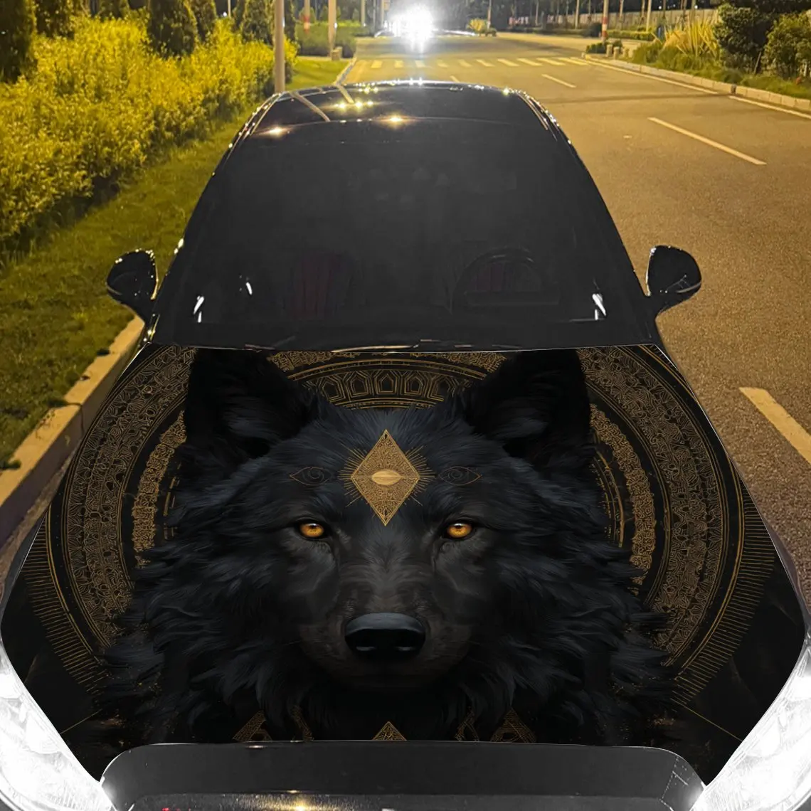 

Загадочный черный - Золотая голова волка и тотемная автомобильная виниловая пленка, водонепроницаемая наклейка на капот автомобиля из ПВХ, самоклеящаяся устойчивая к царапинам