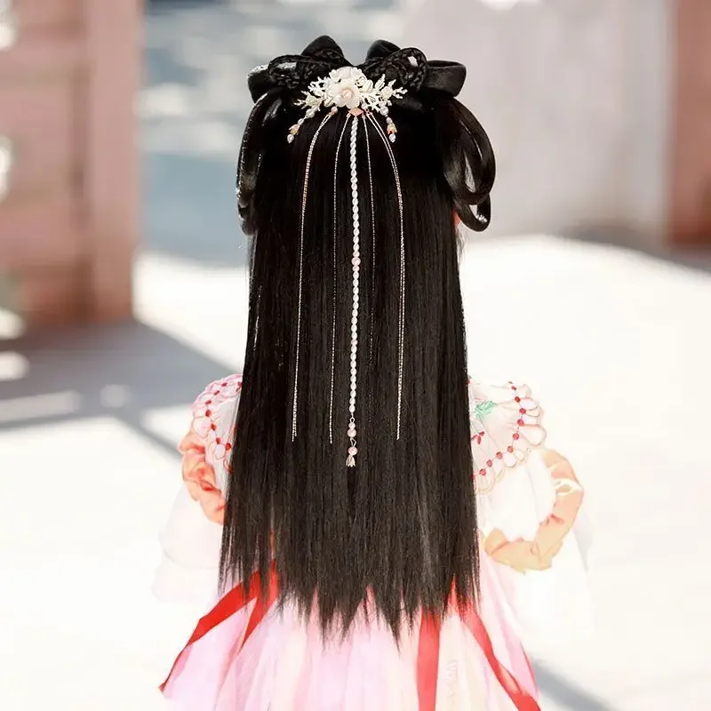 Children Cosplay Hanfu Wigs Girls Chinese Ancient Hanfu Wigs Cosplay Kids One Piece Lazy Black Long Hair Wig Headband For Girls