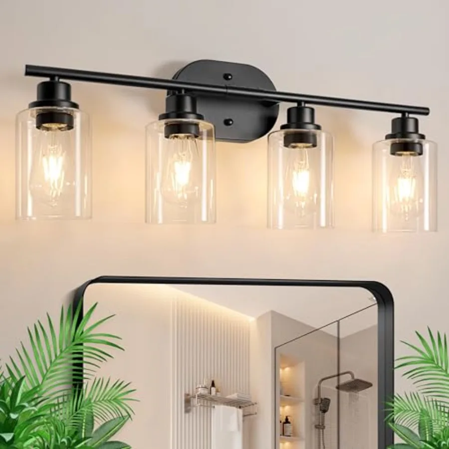 

4-Light Bathroom Light Fixtures Modern Vanity Lights with Clear Glass Shade Matte Black Wall Lamp for Bathroom Mirror Hallway C