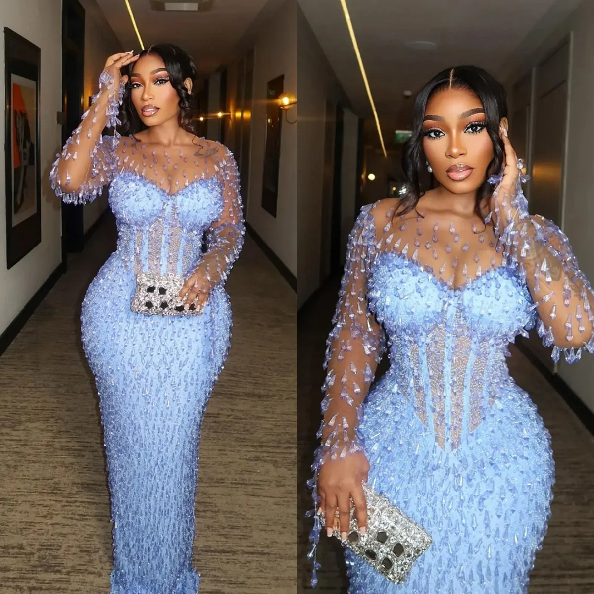 

Luxury Dubai Arabic Evening Dress Big Crystal Mermaid Long Sleeve Beaded Party Prom Gowns robe de soiree femmes Customized