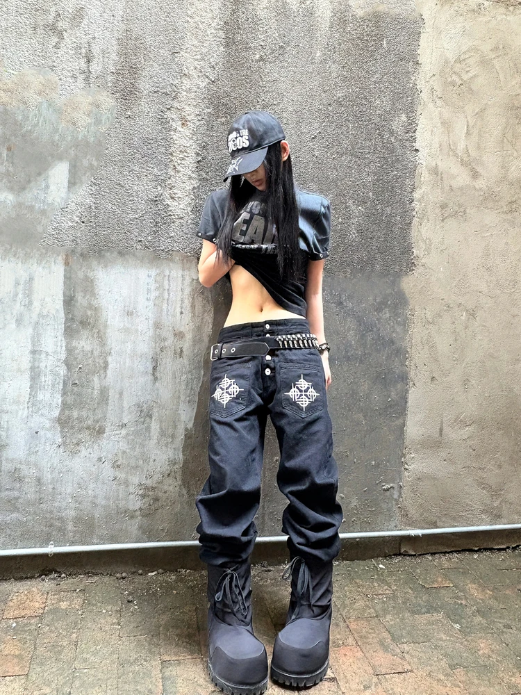 

Джинсы прямого кроя в стиле ретро с принтом, двойными манжетами на пуговицах, повседневные, в уличном стиле, для пар, свободный крой, весна-осень