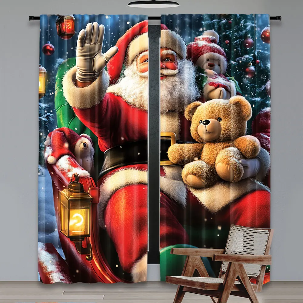 2Pcs Classic Santa Claus Bear Sleigh Pattern Curtains Suitable For Patio Garden Bedroom Bathroom Living Room