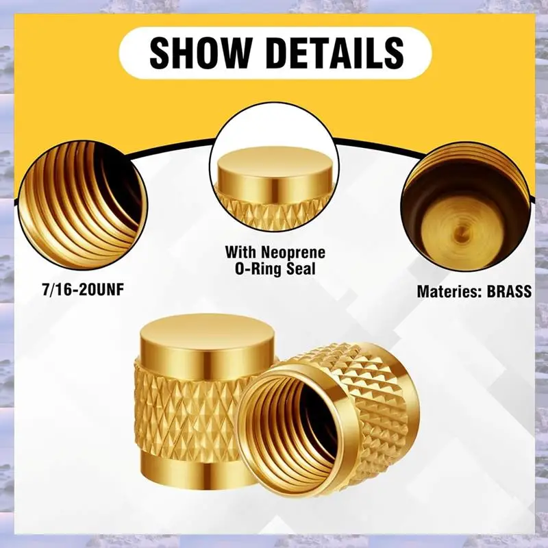 

2025-1/4 Flare Cap, Refrigeration Service Valve Cap Valve Core Remover,Round Brass W/Neoprene O Ring Seal 100 Pcs