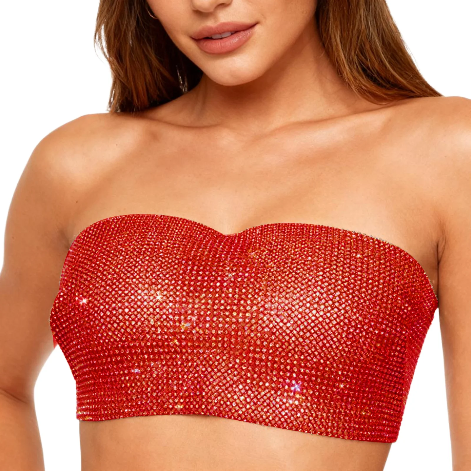 Sparkly Rhinestone Crop Top for Women Adjustable Strapless Tie Up Style Chest Wrap Tank Top Club Outfits