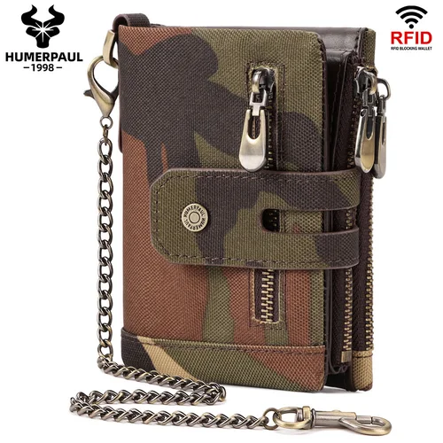 Cartera Oxford para hombre con bloqueo RFID, tarjetero, monedero con cremallera, monedero clásico de motociclista, cadena corta, Portomonee