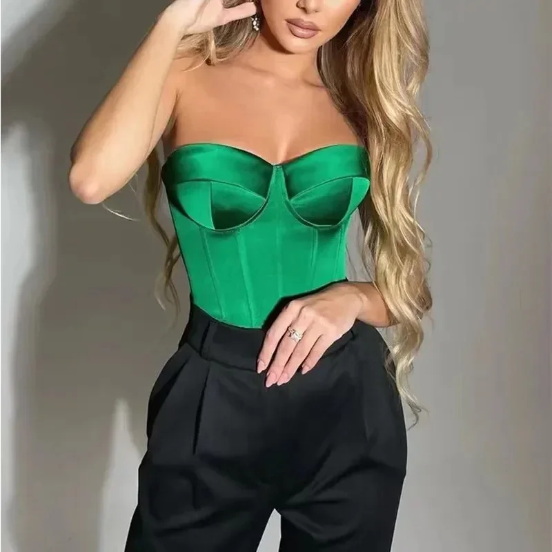 Y2k Crop Top Sexy Off-Shoulder Satin Bustier Solid Slim Fit Short Outwear For Women 90s Clothes Vintage