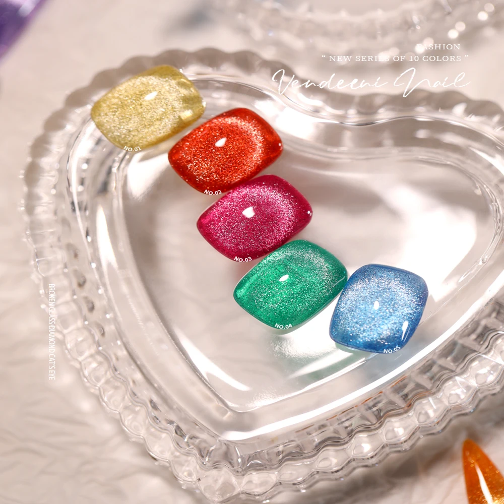 Vendeeni 10 Colors Candy Glass Broken Diamond Cat Eye Gel Nail Polish Soak Off UV LED Glitter Manicure Magnet Nail Varnish