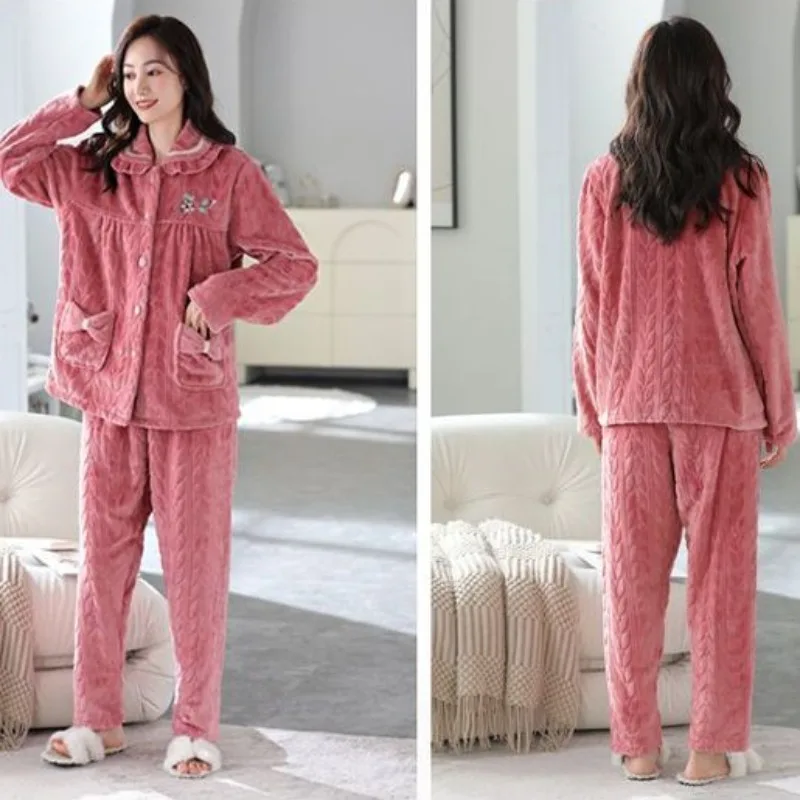 2024 New Coral Velvet Pajamas Women Autumn Winter Fleece Thickening Sleepwear Middle-aged and Elderly Mothers Flannel Loungewear