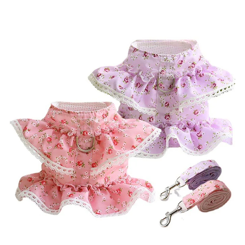 Dog Dress Harness Leash Set for Small Dogs Cats Daisy Floral Girl Dog Cute Puppy Princess Clothes Spring Summer Breathable