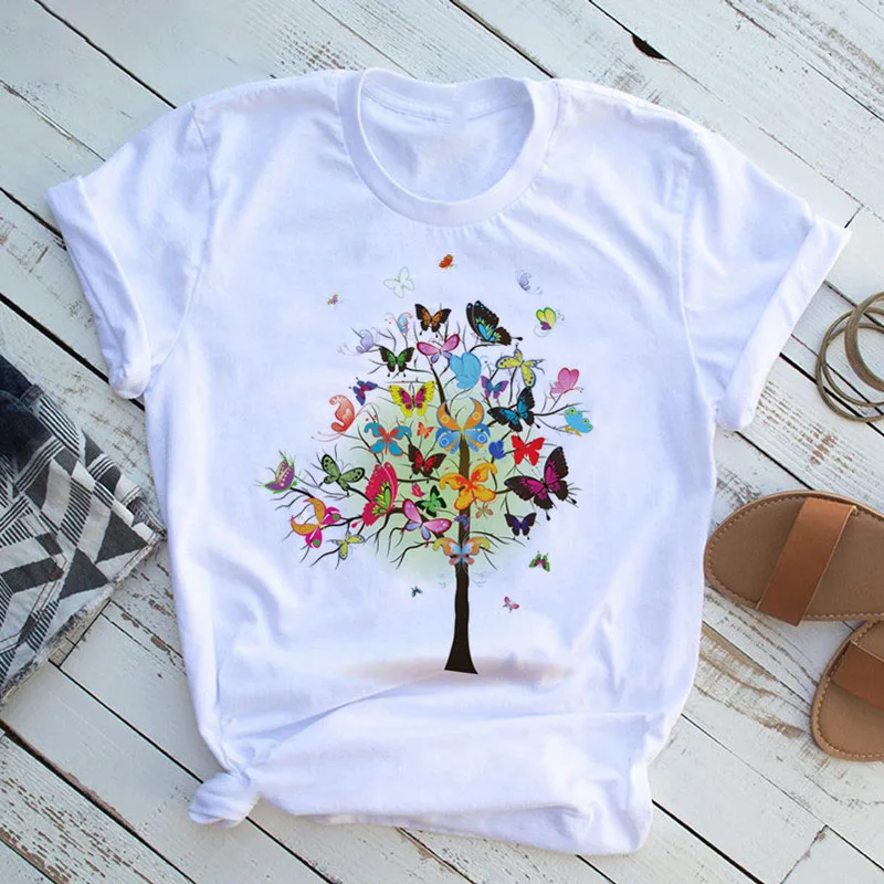 

Women's T-shirt Butterfly Tree Heart Print Harajuku Graphic T-shirt Summer Shirt Casual Round Neck Short Sleeve Top