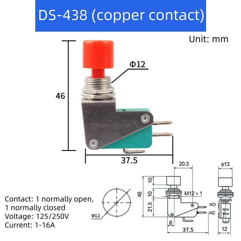DS438-448, roter/grüner Schalter mit selbstrückstellender Funktion, Mikroschalter für kurze Impulsbetätigung, mit einem Lochdurchmesser von 12 mm und einer Fußbreite von 4,8–6,3 mm. – Detail 4