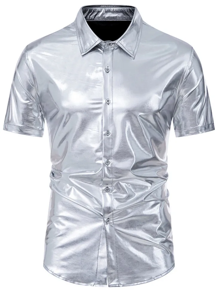 #4625 Summer Short Sleeve Men\'s Shirts Loose Gold Silver Shinny Surface Streetwear Dance Hip Hop Shirts Man Turn-down Collar