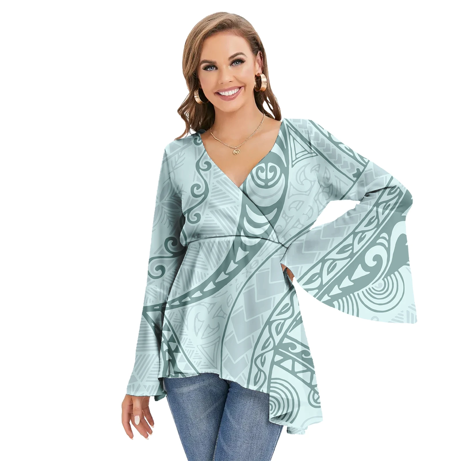 Samoan Fijian Design Blouses Flare Sleeve Ladies Blouses Casual Fashion Beach Island Women Tops Chiffon Shirt