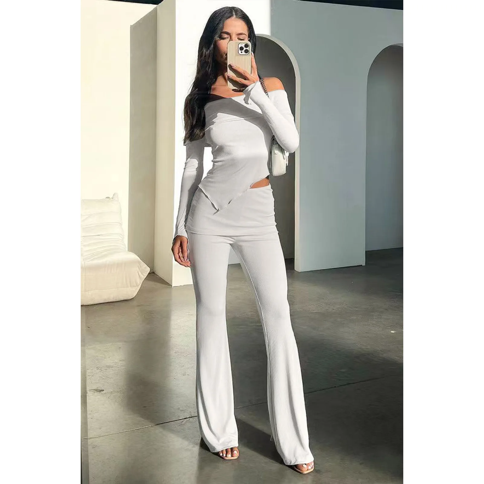 

Sexy Off the Shoulder Knitted Rib Two Piece Set Women Autumn Casual Slash Neck Irregular Top + Pants Club Outfits Streetwear Set