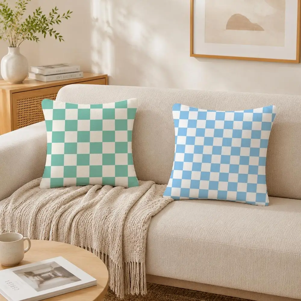 Fashion Checkerboard Plaid Pillow Case Double-Sided Plush Sofa Cushion Covers Organic Breathable Invisible Zipper